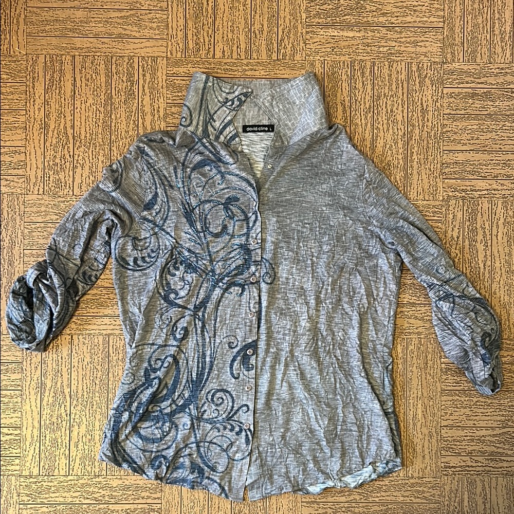 DAVID CLINE Gray Shirt with Blue Swirl Design